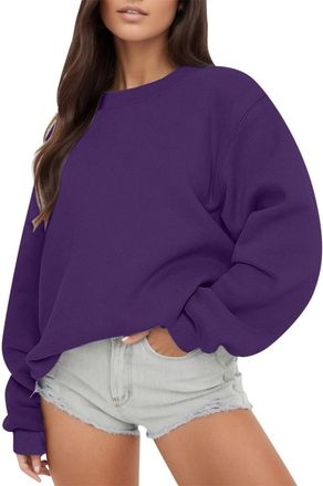 Generic Womens Long Sleeve Sweatshirts Crewneck Casual Solid Color Pullover Shirts Oversized Loose Fall Top Ladies Sweatshirt with Pockets Casual Loose Shirts