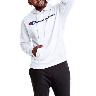 Champion Mens, Powerblend, Fleece Hoodie, Comfortable Sweatshirt, Script Logo (Reg. Or Big & Tall) Hooded, White, XL