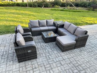 Fimous High Back Rattan Garden Furniture Set with Coffee Table Big Footstool Side Table Indoor Outdoor Patio Lounge Sofa Set Dark Grey Mixed