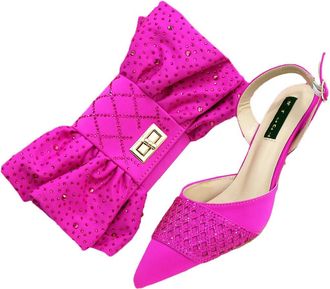 Generic Womens Luxury Shoes and Bags Matching Set Pointed Toe High Heel Sandals Sparkly Rhinestone Bow Bag Fuchsia