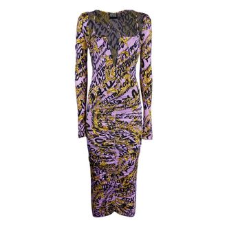 Versace Jeans Couture Barok Print Vierkante Hals Midi Jurk - Dames - Casual kleedjes - Paars - XS - Kleedjes