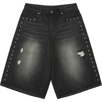 Rta Gustavo Oversize Denim Bermuda Shorts in Fray Noir Side Cross at Nordstrom, Size 28