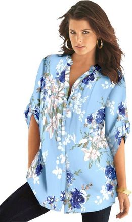 Roaman's Pintuck Tunic Blouse Y-Neck & Roll-Tab Sleeves in Pale Blue Romantic Rose at Nordstrom, Size 42