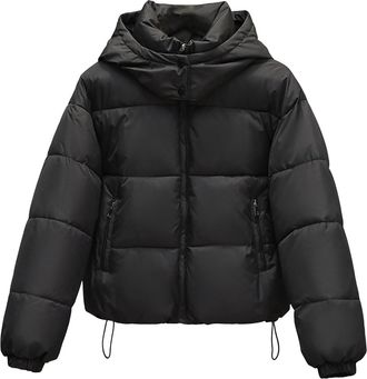 Generic Womens Cropped Puffer Jacket - Zip Up Quilted Short Padded Coat, Lightweight Winter Warm Outwear Down Jackets, Long Sleeve Hooded Pockets, Ladies Slim