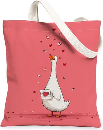 Generic Cute Goose Canvas Tote Bag, Heart Pattern Reusable Shopping Bag, Lightweight Washable Shoulder Strap Canvas Bags for Travel, Peach, 13x15 Inch