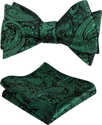 Alizeal Mens Self Tie Bow Ties and Pocket Square Paisley Jacquard Classic Hanky and Tie Set, Dark Green