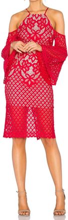 Bardot Lace Overlay Midi Pencil Skirt In Red
