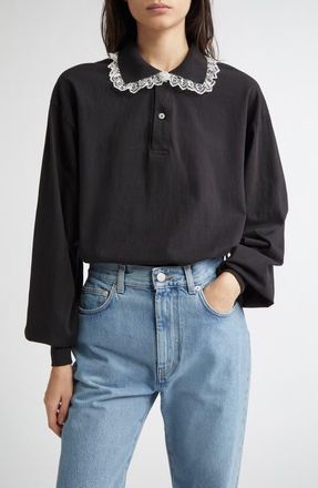 Tanner Fletcher Gender Inclusive Lace Trim Polo in Black at Nordstrom, Size Large