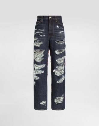 Dolce & Gabbana Denim Trousers With Carretto-print Applications - Man Denim Multicolor 46