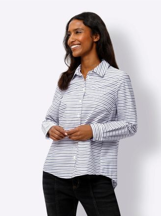 Heine Langarmbluse HEINE, Damen, Gr. 36, blau (ecru, marine, gestreift), 65% Polyester, 35% Baumwolle, bedruckt, gemustert, gestreift, mehrfarbig, V-Ausschn