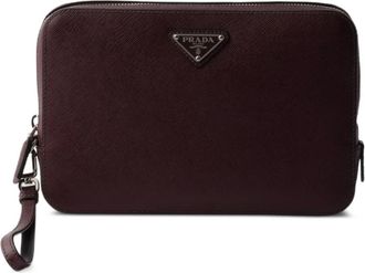 Prada Clutch in pelle con placca logo - Marrone