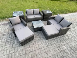Fimous 7 Seater Outdoor Rattan Garden Furniture Set Conservatory Patio Sofa Coffee Table Set with Chair 2 Side Tables 2 Big Footstool in Dark Grey