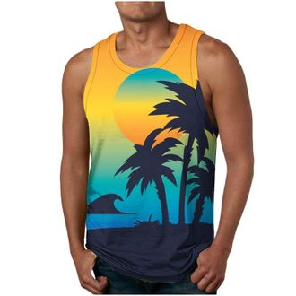 Generic 2024 Tshirt White T Shirts Oversized Shirt 2024 Mens Beach Print Sleeveless Top Holiday Beach T Shirt Vest Yellow Shirt Men (Blue, XL)