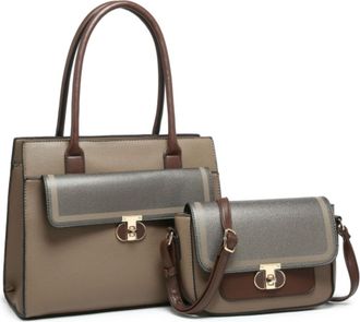 Generic Womens 2-in-1 Handbag Set, Tote Bag and Crossbody Bag with Twist Lock, Zip Top Compartments, Adjustable Strap, Everyday Shoulder Handbag Set (Khaki)