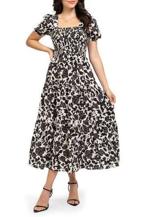 August Sky Puff Sleeve Smocked Midi Dress in Black Multi at Nordstrom Rack, Size Medium