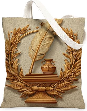 Generic Vintage Elegant Canvas Tote Bags, Quill and Laurel Leaf Design Reusable Grocery Bags, Classic Lightweight Washable Shoulder, Beige, 13x15 Inch