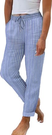 Generic Womens Summer Striped Linen and Cotton Loose Straight Leg Pants White Trousers Womens 42, blue, S