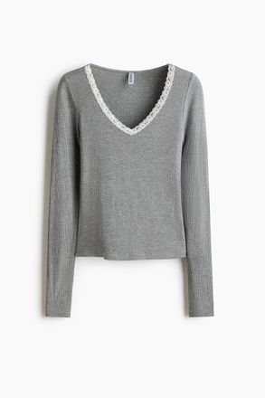 H&M Jerseyshirt mit Spitzenborte - Grau