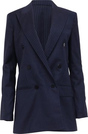 Theory Striped Double-Breasted Blazer in Navy Blue Wool