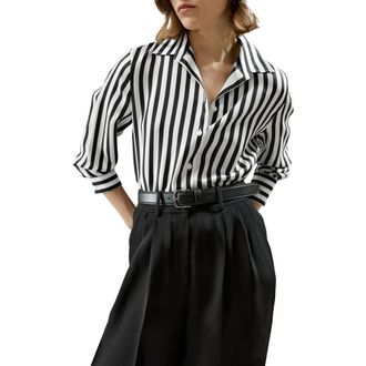 LilySilk Womens Classic Striped Silk Shirt in Black-White Pinstripes at Nordstrom, Size X-Large