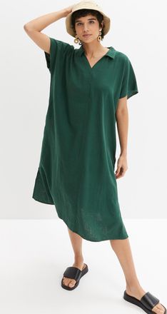 Bonprix Tunikakleid BONPRIX Kaftan-Kleid aus leichtem Leinen-Viskose-Mix, Damen, Gr. 40, N-Gr, gr&uuml;n (dunkelgr&uuml;n), Obermaterial: 55% Leinen, 45% Viskose, beque
