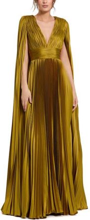 Mac Duggal Petite Pleated Charmeuse V Neck Gown With Cape in Chartreuse at Nordstrom, Size 10