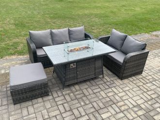 Fimous PE Wicker Outdoor Rattan Garden Furniture Set Propane Gas Fire Pit Table & Sofa set with Big Footstool in Dark Grey