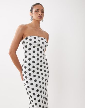 Ra-Re London - Vestito lungo a fascia bianco e nero a pois con paillettes-Multi