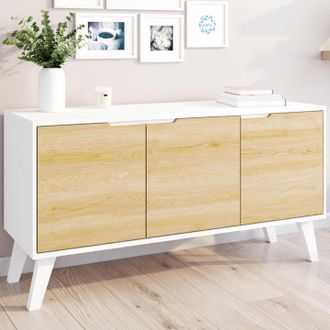 IDMarket Aparador Bajo Escandinavo Finn Blanco 3 Puertas Efecto Haya 113 Cm