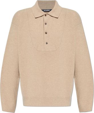 Jacquemus Pallone Vareuse-Stijl Knit - Heren - V-hals truien - Beige - XL - Wol - Truien & Vesten