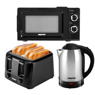 Geepas Stainless steel kettle, 4 Slive Toaster & 20L Microwave set in Black