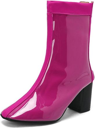 Generic Womens Square Toe Patent Leather Ankle Boots Chunky Heel Casual Booties with Side Zip,Pink,1.5 UK