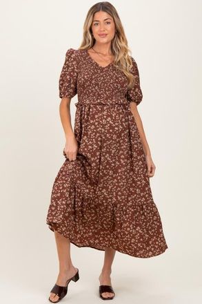Pinkblush Floral Smocked Short Sleeve Midi Dress in Brown at Nordstrom, Size Small