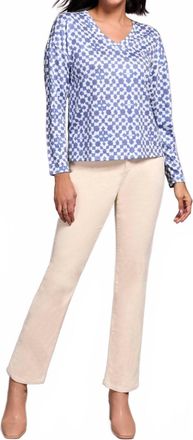 Tribal Fuzzy Soft V-Neck Combo Print Knit Top In Ultra Blue