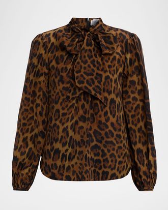 Adam Lippes Joan Leopard-Print Silk Scarf-Neck Blouse