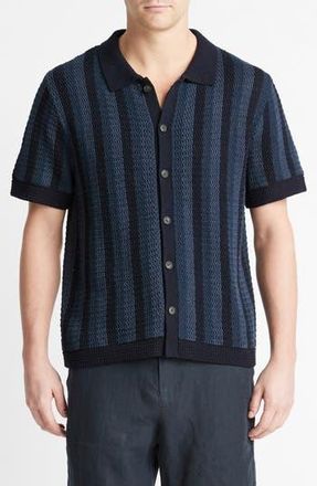 Vince Crochet Stripe Short Sleeve Button-Up Cotton Sweater in Coastal Combo at Nordstrom Rack, Size Xx-Large
