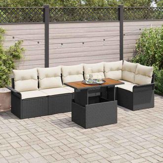 vidaXL Conjunto De Sof&aacute; De Jard&iacute;n Con Coj&iacute;n 7 Pcs Negro Y Crema Vidaxl