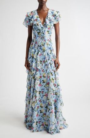 Carolina Herrera Floral Ruffle Silk Chiffon Gown in Cloudy Blue Multi at Nordstrom, Size 10