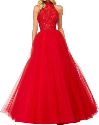 Sherri Hill Halter Neck Voluminous Skirt Prom Dress In Red