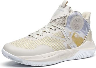 Generic Mens High Top Basketball Shoes Anti Slip Wear-Resistant Cushioned Rebound Outdoor Sports Training Boots Walking Shoes(Beige,5.5 UK)