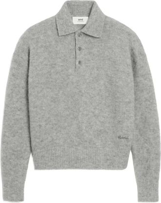 Ami Alpaca Polo met lange mouwen - Heren - Ronde hals truien - Grijs - XS - Wol - Truien & Vesten
