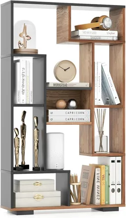 Costway Costway - Estanter&iacute;a De Madera, Librer&iacute;a Con 9 Compartimentos Abiertos, Estanter&iacute;a De Pie Geom&eacute;trica Moderna Con Kits Antivuelco Para Sala De Estar, O