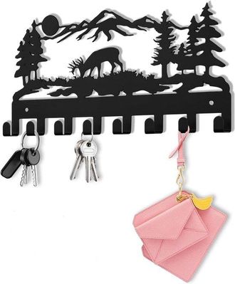 No Brand Soporte Met&aacute;lico De Pared Para Llaves Con 8 Ganchos, Dise&ntilde;o Mountain Sun Deer Pine, 25,8 X 12,7 Cm, Soporte Decorativo Para Pasillo, Entrada Y Puerta 