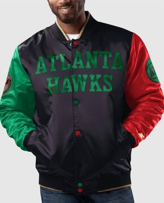 Starter Mens Atlanta Hawks History Month Quilted Lining Satin Full-Snap Jacket In Black
