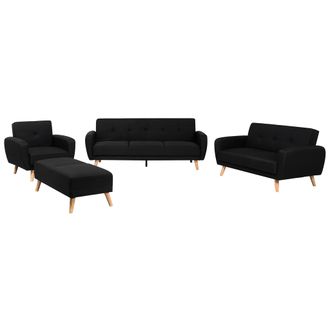 Beliani Conjunto De Sal&oacute;n Tapizado En Tela Negro 3 + 2 + 1 Plazas Reposapi&eacute;s Sof&aacute; Cama Estilo Retro Florli