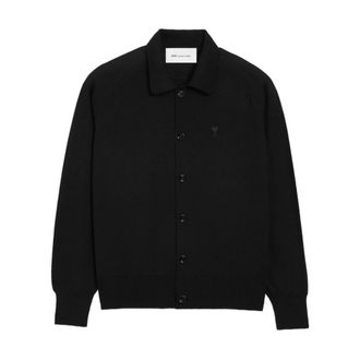 Ami Cardigans, male, Black, Size: XS Polo Collar Chest Embroidered Cardigan