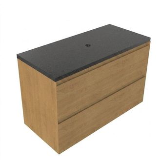 Saniclass Holz Pure Badkamermeubelset - 100x45x63cm - Noche basalten wastafelblad gepolijst (zwart) - zonder kraangat - 2 lades - mat eiken natural (hout)