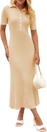 Merokeety Womens V Neck Ribbed Knit Maxi Dress Button Short Sleeve Slim Fit Bodycon Sweater Dress, Apricot, XL