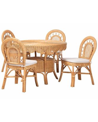Baxton Studio Travis 5Pc Natural Rattan Dining Set With Round Scalloped Edge Table & 4 Curved Back Chairs