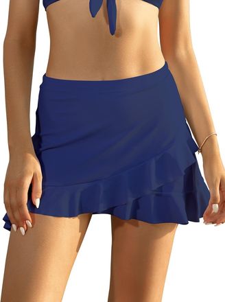SHEKINI Womens Swim Skirted High Waisted Bikini Bottoms Crossover Front Irregular Ruffle Tummy Control Swimming Skorts Sexy Bathing Suits Bottom Swim Skirt wi